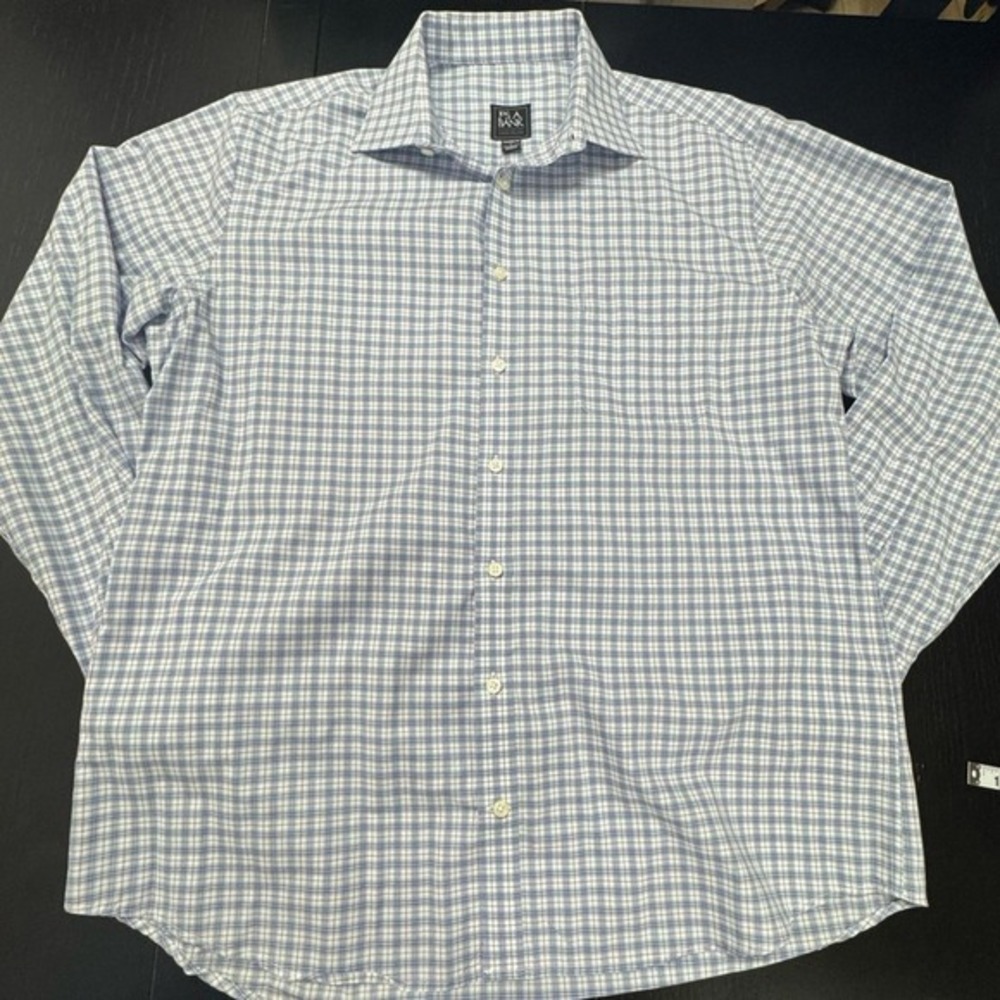 Jos A Bank Traveler Men L Blue Pink Plaid Tailored Fit Dress Shirt Preppy Biz